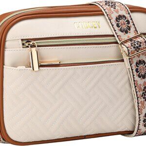 Trendy beige brown vegan leather small crossbody bag with multiple compartments